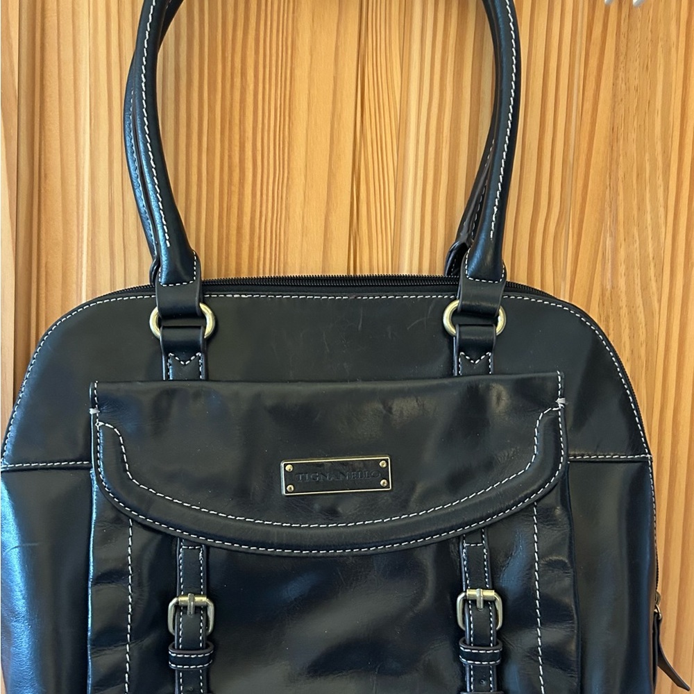 Vintage Tignanello Black Leather Bag Multi Compartment Lined